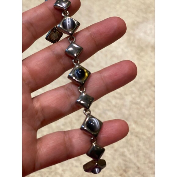 Vintage Faux Blue Cats Eye Silver Tone 7½" Magnetic Clasp Link Bracelet Classic - Picture 8 of 10